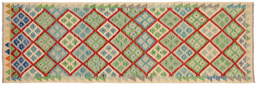 Flat Weave Kilim, Antique, Navaho, Vintage, Handmade, Geometric Kilim Red Blue Hand-Woven Runner 100% Wool Area Rug 3 x 10